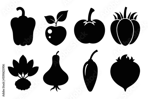 Black Silhouette Vegetables and Fruits Collection Pepper Tomato Beetroot Pear Chili Apple and Others Isolated on White Background for Culinary and Agricultural Designs