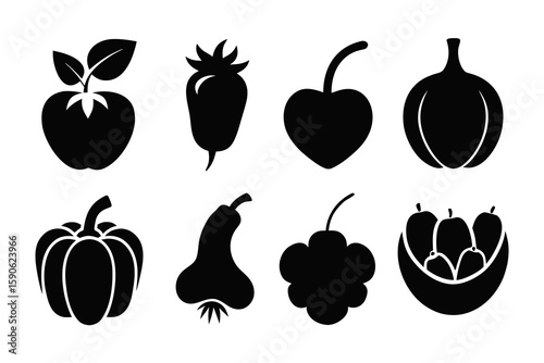 Collection of black silhouette fruit and vegetable icons including apple radish cherry onion pepper cashew mulberry and fruit bowl isolated on white background