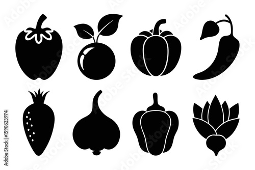 Black and white vector set of various stylized vegetables and fruits including peppers plums garlic and lotus root perfect for food related designs and culinary