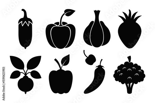 Monochrome Vector Illustration of Various Vegetables and Fruits Including Peppers Garlic Strawberries Lemons Cherries Chili Peppers and Broccoli on a White Background