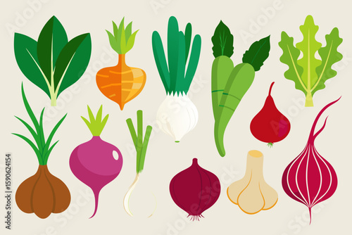 Flat Vector Illustration of Various Vegetables Including Onions Garlic Radishes and Leafy Greens on a Cream Background Perfect for Food and Nutrition Related Designs
