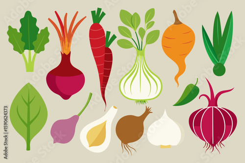 Flat Vector Illustration of Various Vegetables Including Root Vegetables Onions and Greens Perfect for Healthy Eating Cooking and Farm to Table Concepts and Designs