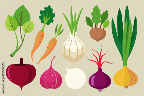 Collection of fresh vegetables including carrots onions beets and spinach arranged on a neutral background showcasing healthy eating and garden harvest in a vibrant flat