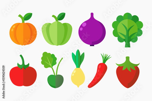 Colorful Vector Illustration of Various Vegetables Including Pumpkin Pepper Onion Broccoli Tomato Beet Turnip Chili Pepper and Strawberry on a White Background Flat Design