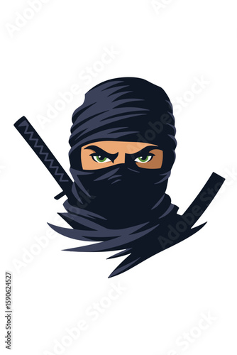 Ninja assassin with intense gaze in minimalist vector style, black tones, symbol of stealth and power