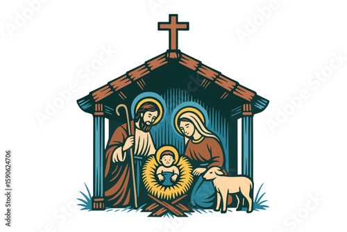 Holy family in nativity scene, religious vintage style, muted colors, symbol of Christmas and divine birth