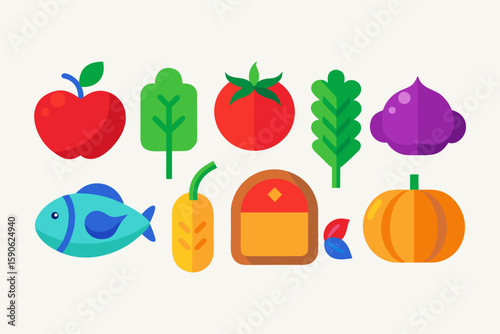 Flat Design Food Icons Set Vegetables Fruits Fish Bread