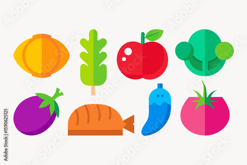 Colorful Flat Design Vector Icons of Fruits and Vegetables