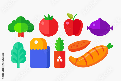 Colorful Flat Design Icons of Fresh Fruits and Vegetables