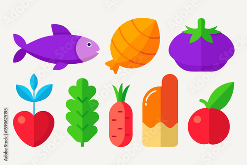 Colorful Flat Design Icons of Fruits Vegetables and Fish