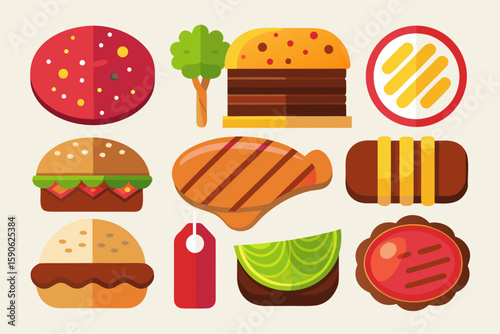 Flat Design Food Icons Burger Pizza Steak Fries