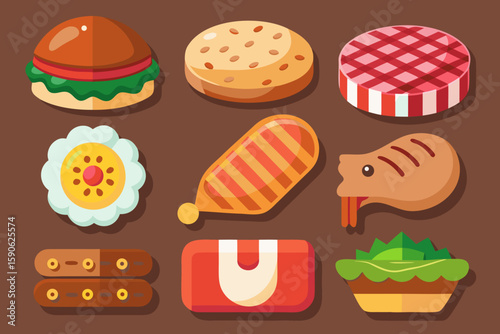 Assorted Flat Lay Food Icons Burger Chicken Meat
