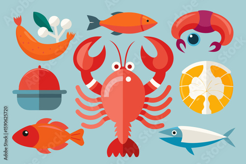 Flat Design Seafood Icons Collection Illustration