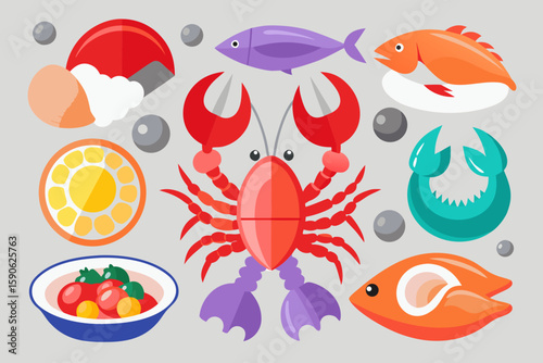 Colorful Flat Design Seafood Illustration Set