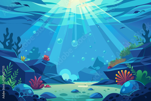 Underwater Scene with Sunlight and Bubbles a Cartoon Illustration of a Peaceful Ocean Floor with Rocks Plants and Rays of Light Shining Through the Water