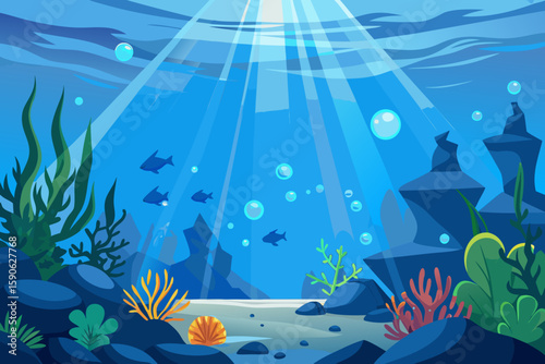 Cartoon underwater scene with fish coral and sunlight creating a vibrant and inviting marine environment Perfect for children s illustrations educational materials and ocean themed