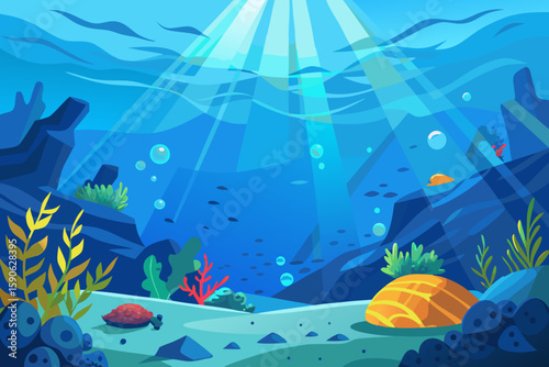 Cartoon underwater scene with sunlight rocks plants and fish creating a vibrant and inviting marine environment perfect for backgrounds illustrations or educational materials with a