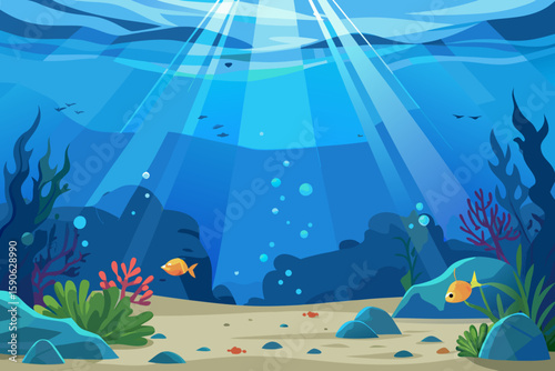 Cartoon underwater scene with sunlight streaming through the water fish swimming coral reefs rocks and bubbles rising to the surface in a vibrant blue ocean