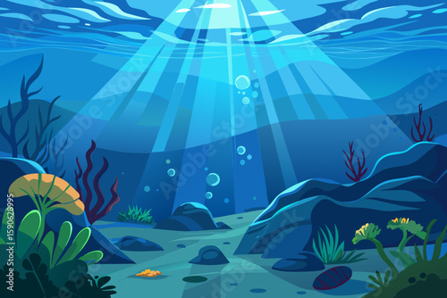 Underwater Scene with Sunlight Rays and Sea Vegetation a Cartoon Illustration of the Ocean Floor with Rocks Plants and Bubbles in a Blue Environment