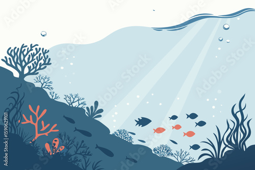 Underwater Scene with Coral Reef Fish and Sunlight Rays a serene depiction of marine life in a stylized illustration with a calming color palette and