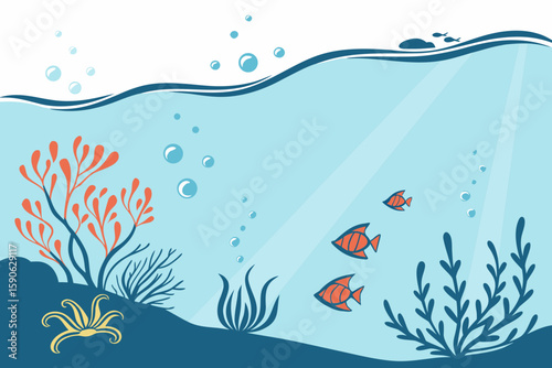 Stylized Underwater Scene with Fish Coral and Bubbles perfect for children s books educational materials or website backgrounds with a calming and playful aesthetic vector