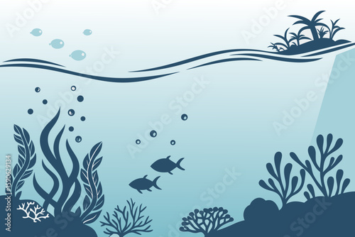 Underwater scene with fish coral seaweed and bubbles featuring a tropical island with palm trees above the water line creating a serene and stylized marine
