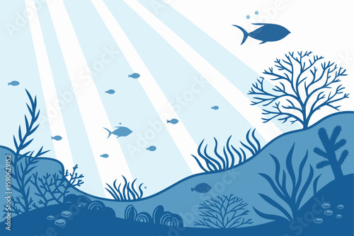 Underwater Scene with Fish Coral and Sunlight a simple illustration of marine life with light rays shining down into the ocean perfect for children s