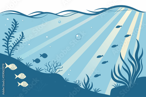 Underwater Scene with Fish and Sunlight a serene and peaceful illustration of marine life in a calm ocean environment with light rays and aquatic plants