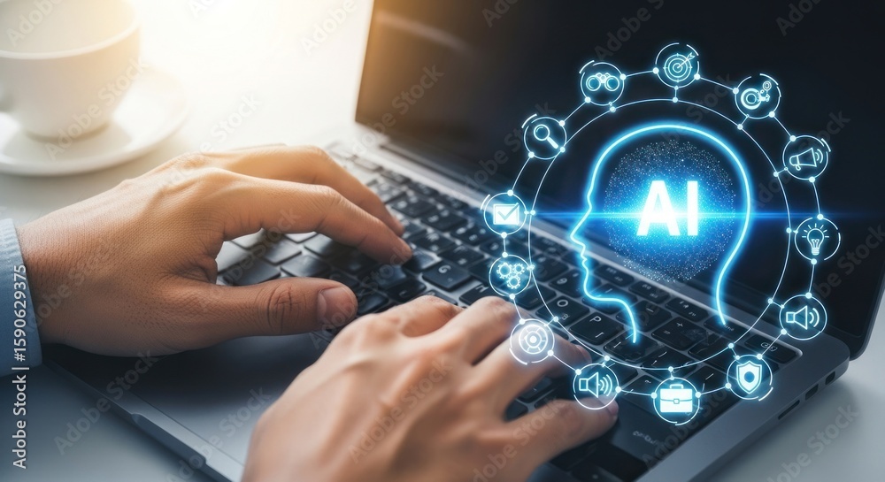 Fototapeta premium Photo of a person is typing on a laptop with an ai interface displayed, representing artificial intelligence and technology