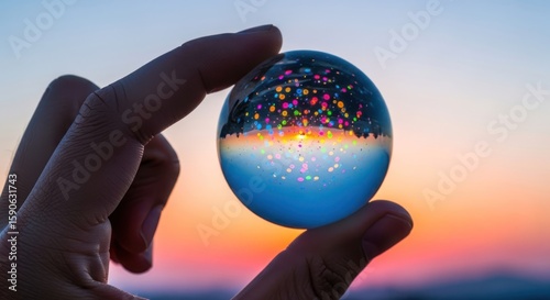 Photo of a hand holds a crystal ball reflecting a vibrant sunset sky, creating a magical and surreal scene of natures beauty