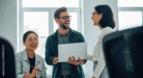 Photo of a diverse group of business colleagues are laughing and collaborating in a modern office environment, discussing ideas and working together on a project