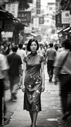 Asian woman standing on a street, a bustling crowd around her blurred by motion, shallow depth of field so her face is razor-sharp, damaged-film aesthetics with visible grain, dust, and scratches, hig
