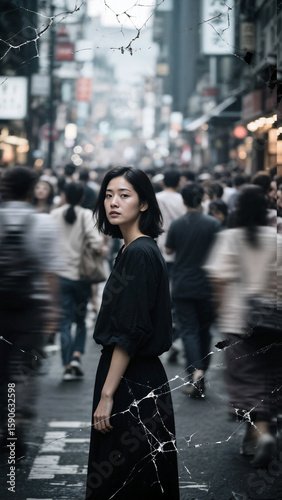 Asian woman standing on a street, a bustling crowd around her blurred by motion, shallow depth of field so her face is razor-sharp, damaged-film aesthetics with visible grain, dust, and scratches, hig