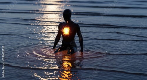 Photo of a solitary figure sits in the ocean at sunset, radiating light and energy, embodying a sense of peace, healing, and spiritual connection with nature