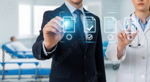 Photo of a businessman and doctor interact with digital healthcare interfaces, showcasing the intersection of technology and medicine in a modern hospital setting