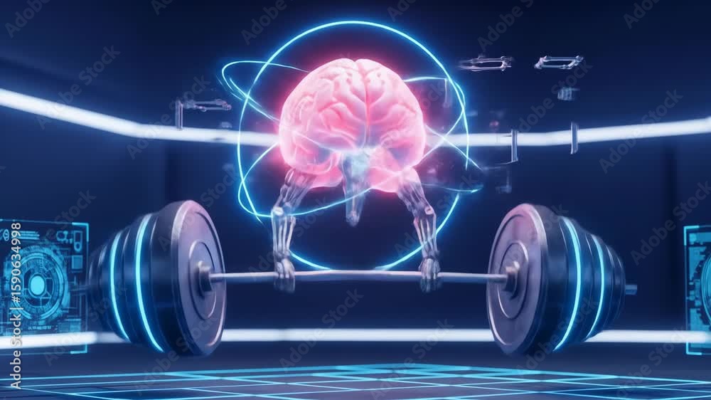 Digital brain lifting barbell in futuristic setting highlighting mental strength and technology