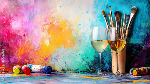 Fototapeta Naklejka Na Ścianę i Meble -  art and wine night banner with paintbrushes wine glasses and creative splashes of color ready to advertise summer sip and paint deals,