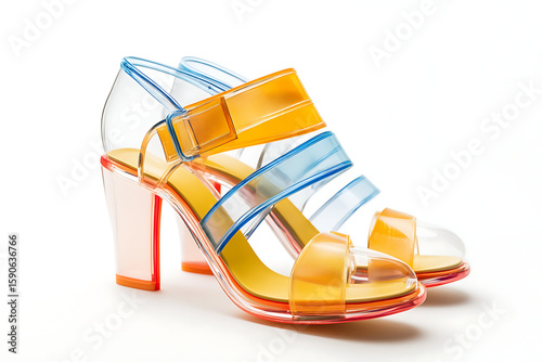 Stylish transparent sandals with colorful straps and heels, ideal for summer fashion and showcasing modern footwear trends on a clean white background.