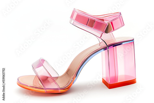 Stylish pink block heel sandal with transparent straps offers a modern, fashionable footwear choice for summer outfits and special occasions.