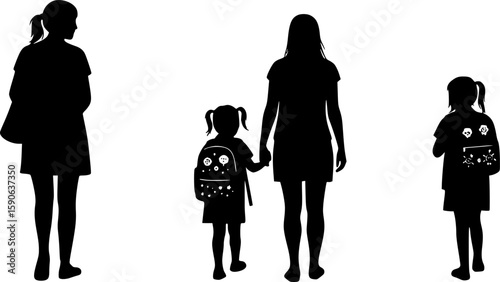 A mom Going to school with Her Child vector silhouette	