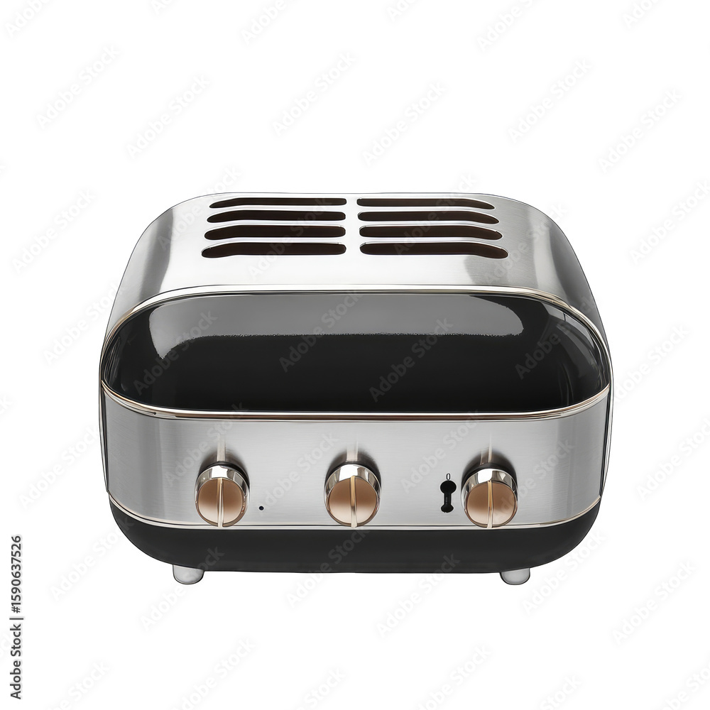 Fototapeta premium A retro-styled, compact audio device with a sleek, black and silver finish, featuring a metallic grill and three control knobs. It has a curved top and a slightly raised base