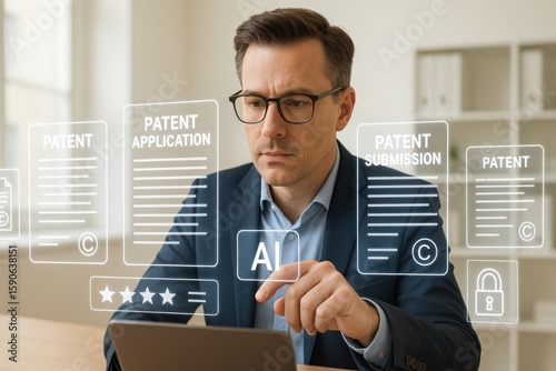 Man Using AI Interface for Patent Application, Submission and Intellectual Property Filing
