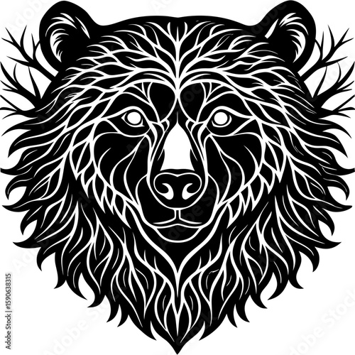 Striking bear head graphic with tree branch design, ideal for logo design, wildlife themes, or nature-inspired graphic projects.