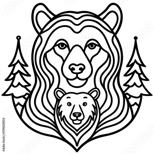 A stylized bear with a cub and pine trees graphic presents an appealing wildlife themed design suitable for logos or illustrations.
