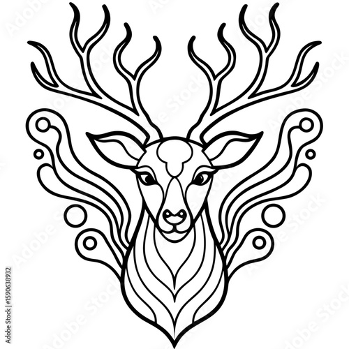 Elegant stag head emblem, featuring stylized antlers and decorative swirls in a bold, minimalist design ideal for nature-themed artwork.