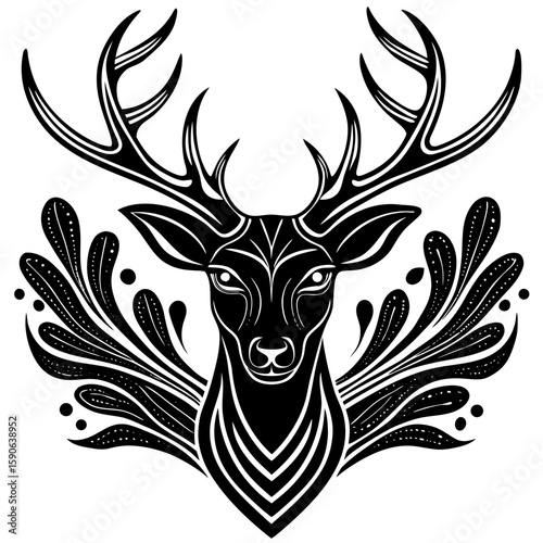 Graceful deer head with stylized antlers and decorative flourishes, perfect for nature-inspired design projects or elegant branding.