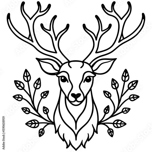 Elegant stag head with antlers adorned with foliage creates a refined graphic suitable for holiday themes, branding, and natural designs.