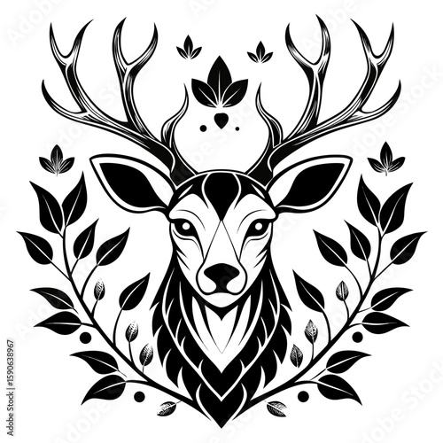 Elegant Stag design features a majestic deer head encompassed by decorative leaves, ideal for logos, emblems, or ornamental graphic elements.