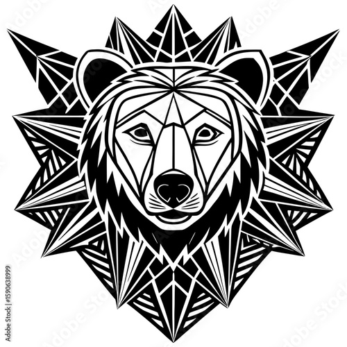 Bold bear head in geometric style with decorative sunburst background, suitable for logo, emblem, or design element.