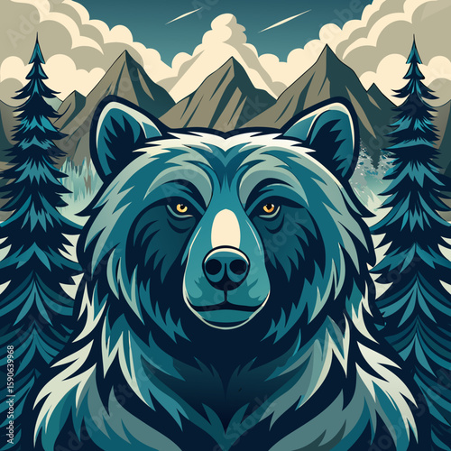 A majestic bear graphic gazes forward, surrounded by a forest landscape perfect for logos and wilderness-themed projects, nature included.
